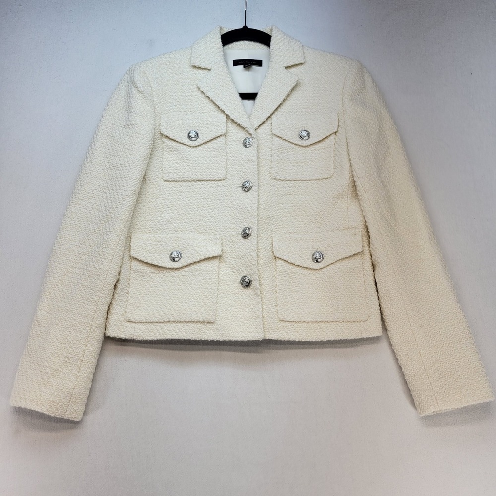Ann Taylor Boucle Tweed Blazer Women Size 0 Ivory Cream Wool Blend Crest Button